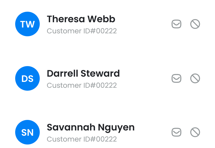 Customer accounts list with secure action controls